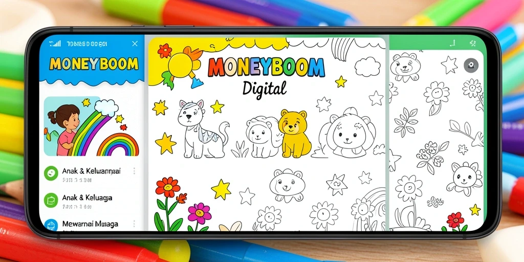 Antarmuka aplikasi MONEYBOOM yang menarik untuk mewarnai.